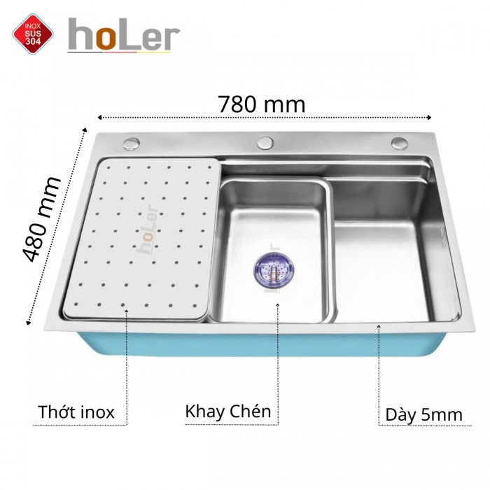 Chậu Rửa Chén 1 Hộc Inox 304 Holer HLCR736-7848TC