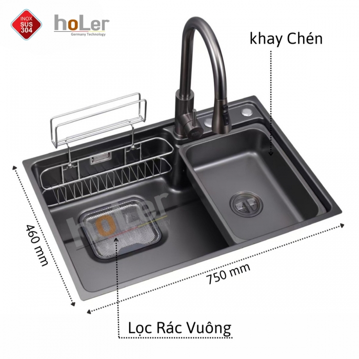 Chậu Rửa Chén 1 Hộc Inox 304 Holer HLCR741-7546 ( Màu Đen - Màu inox Mờ )