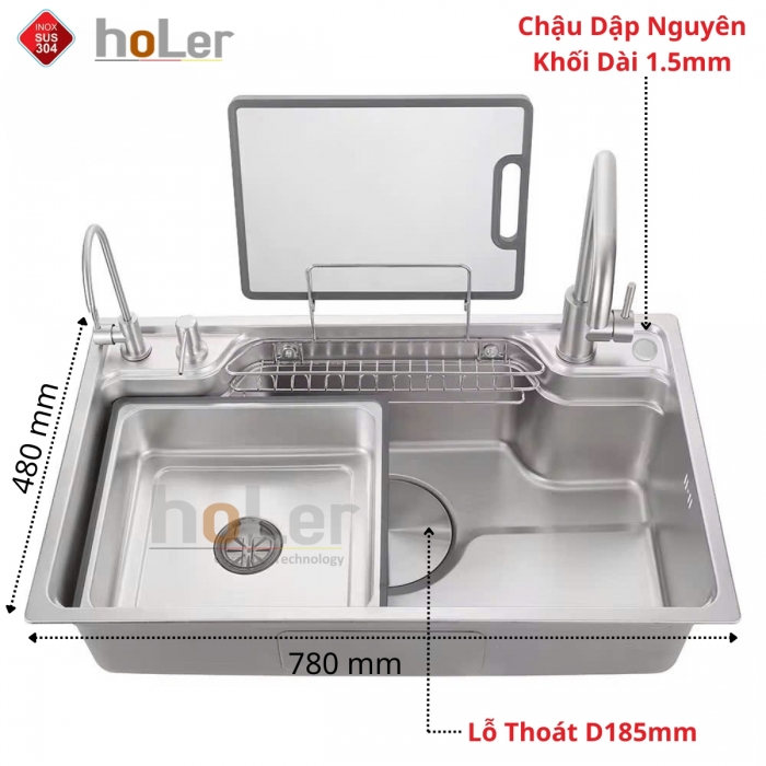 Chậu Rửa Chén 1 Hộc Inox 304 Holer HLCR744-7848