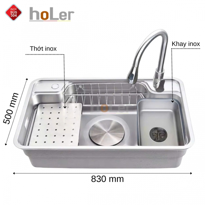 Chậu Rửa Chén 1 Hộc Inox 304 Holer HLCR745-8350 ( Đặt Bàn - Âm Bàn )