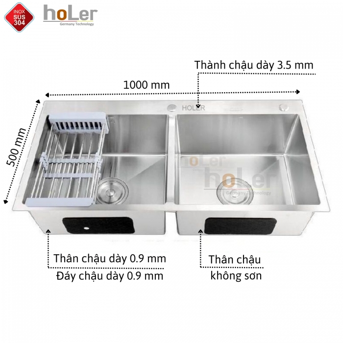 Chậu Rửa Chén Inox 304 Không Sơn Dày 3.5mm Holer HLCR737KS-10050