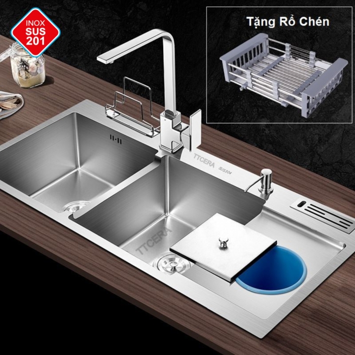 Chậu Rửa Chén Vắt Dao Hộc Rác INOX  TTCERA CR901 - 10048