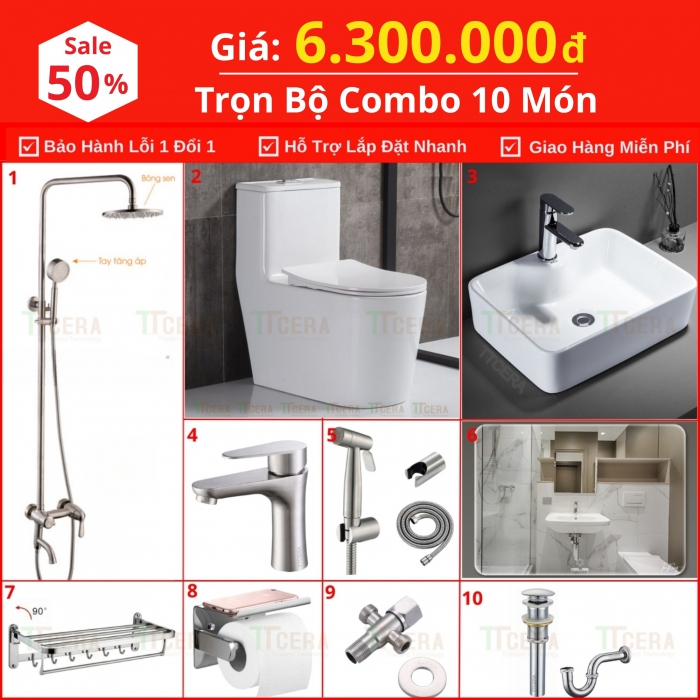 Combo Nhà Vệ Sinh Trọn Bộ 10 Món 6.3 Triệu Cao Cấp CB10 - 6300T3