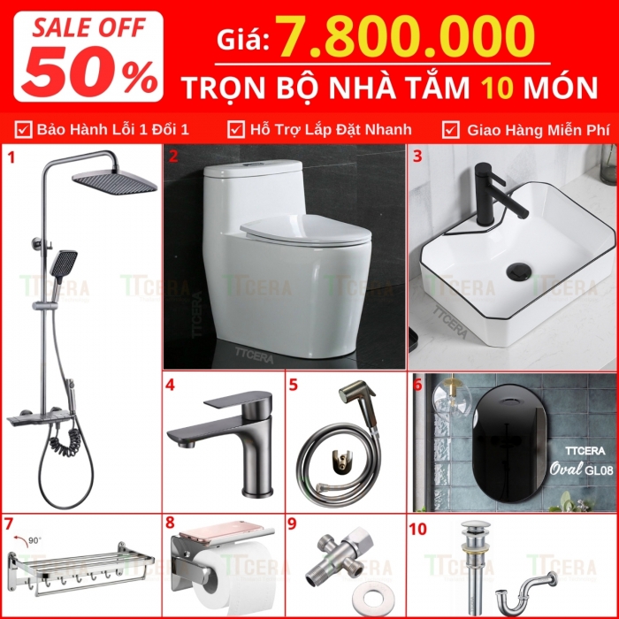 Combo Nhà Vệ Sinh Trọn Bộ 10 Món 7.8 Triệu Cao Cấp CB10-7800T4