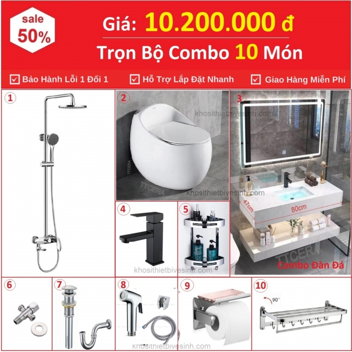 Combo Nhà Vệ Sinh Trọn Bộ 10 Món Bàn Đá 2 Tầng Cao Cấp 10.2 Triệu CB10BĐ2T-10200