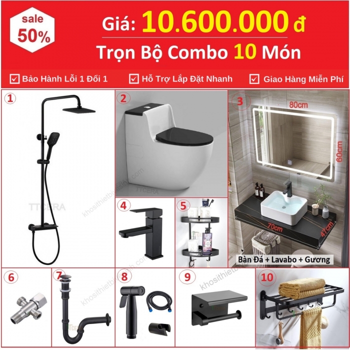Combo Nhà Vệ Sinh Trọn Bộ 10 Món Màu Đen Cao Cấp 10.6 Triệu CB10BĐ-10600