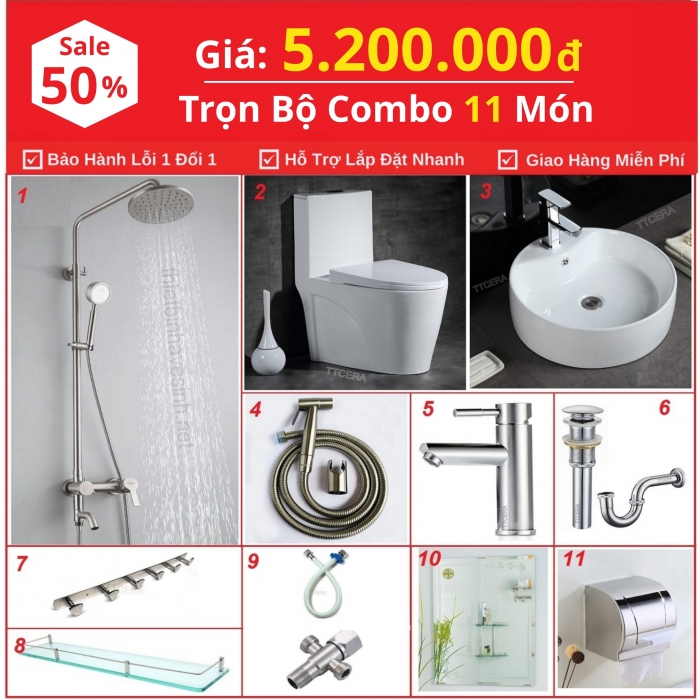 Combo Nhà Vệ Sinh Trọn Bộ 11 Món 5.2 Triệu CB11B-5200
