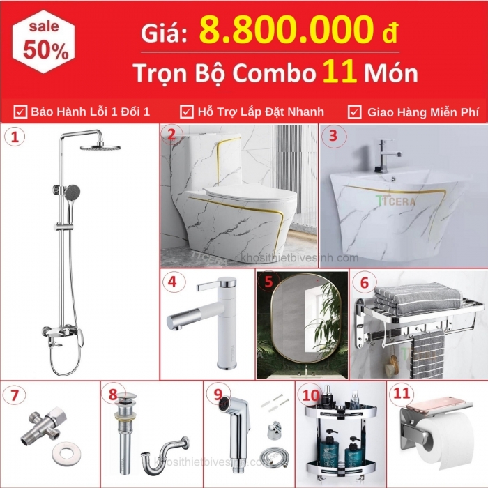 Combo Nhà Vệ Sinh Trọn Bộ 11 Món Lavabo Treo Cao Cấp 8.8 Triệu CB11T-8800