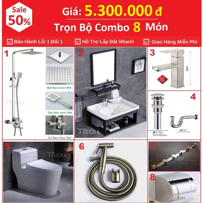 Combo Nhà Vệ Sinh Trọn Bộ 8 Món 5.3 Triệu Cao Cấp CB8TU-5300