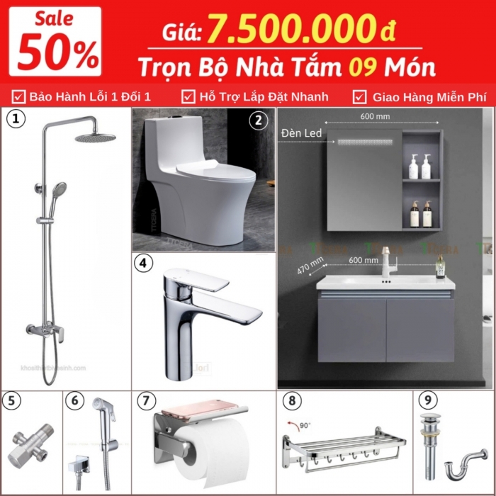 Combo Nhà Vệ Sinh Trọn Bộ 9 Món 7.5 Triệu CB9-7500