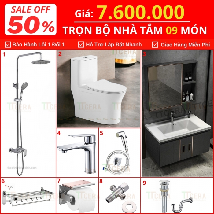 Combo Nhà Vệ Sinh Trọn Bộ 9 Món 7.6 Triệu Cao Cấp CB09 - 7600T1