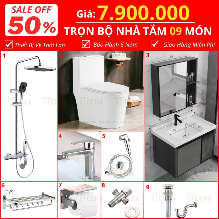 Combo Nhà Vệ Sinh Trọn Bộ 9 Món 7.9 Triệu Cao Cấp CB09 - 7900T2