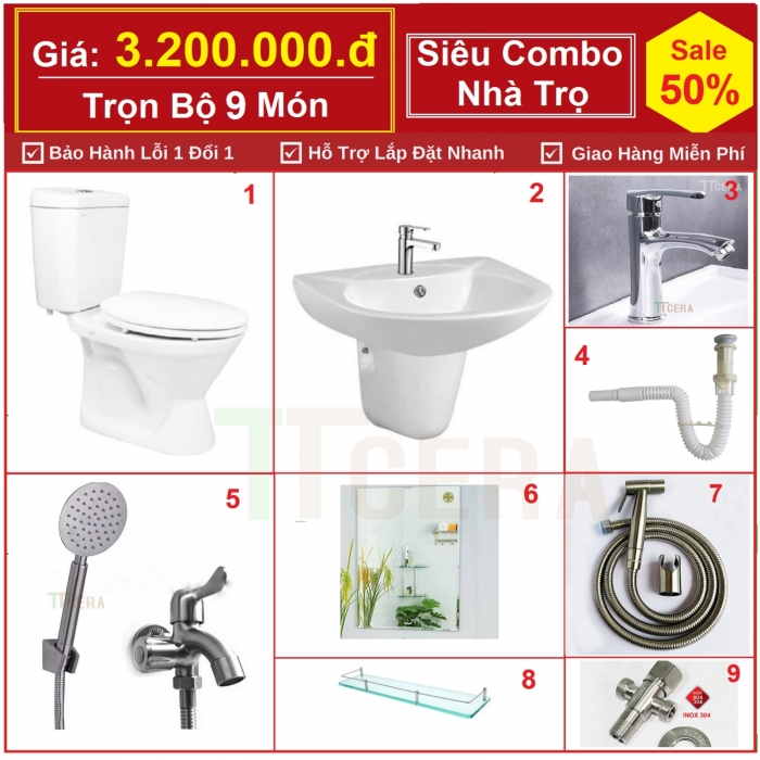 Combo Thiết Bị Vệ Sinh Nhà Trọ 9 Món 3.2 Triệu CBTRO11-3200