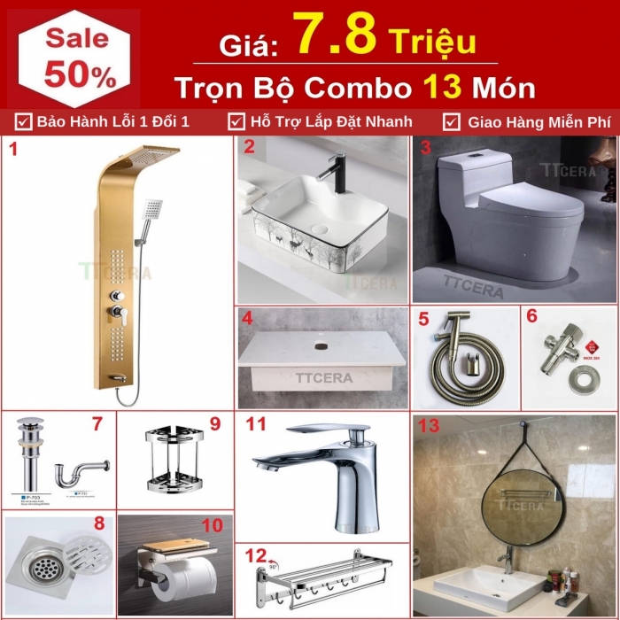 Combo Thiết Bị Vệ Sinh Trọn Bộ 13 Món Cao Cấp 7.8 Triệu CB13-7800