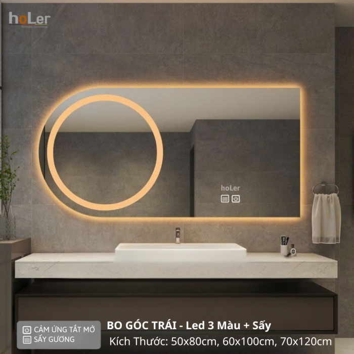 Gương Đèn Led 3 Màu Chữ Nhật Có Nút Cảm Ứng Và Sấy Bo Góc Holer HLG21