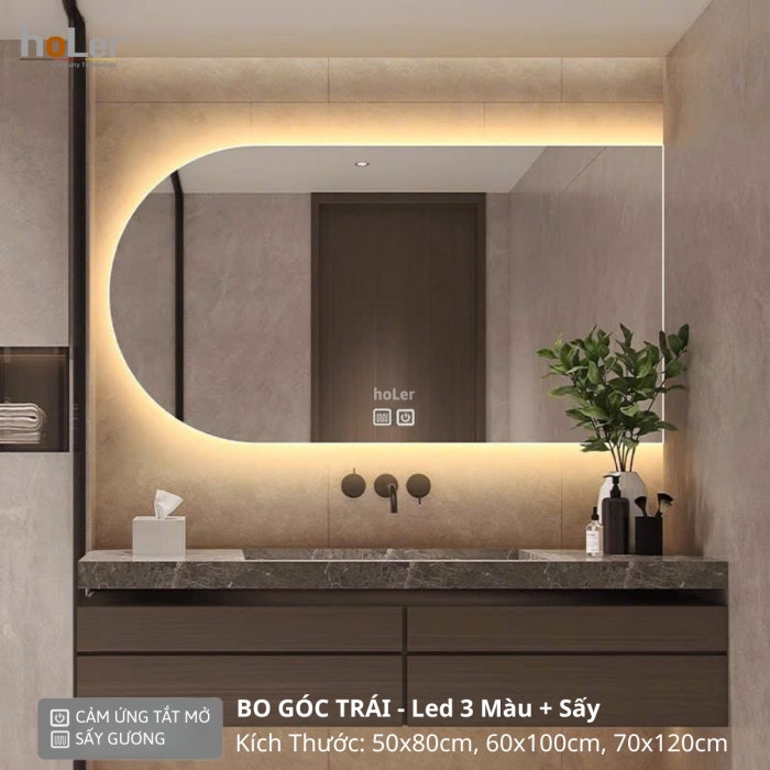 Gương Đèn Led 3 Màu Chữ Nhật Có Nút Cảm Ứng Và Sấy Bo Góc Holer HLG22