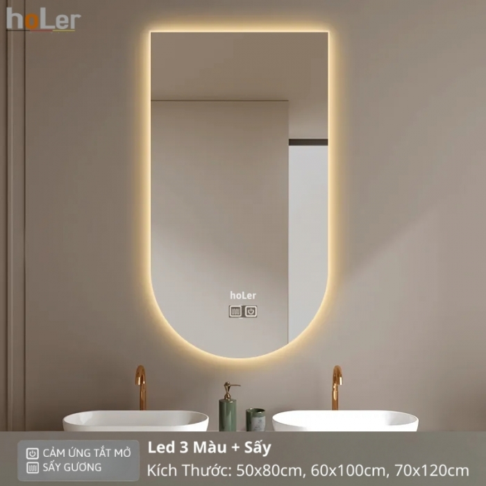 Gương Đèn Led 3 Màu Vuông Có Nút Cảm Ứng Và Sấy Bo Góc Holer HLG23