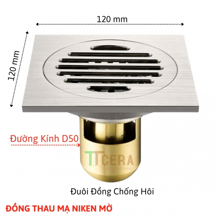 Phiễu Thoát Sàn Chống Hôi Đồng Thau Mạ NiKen Mờ TTCERA PT06