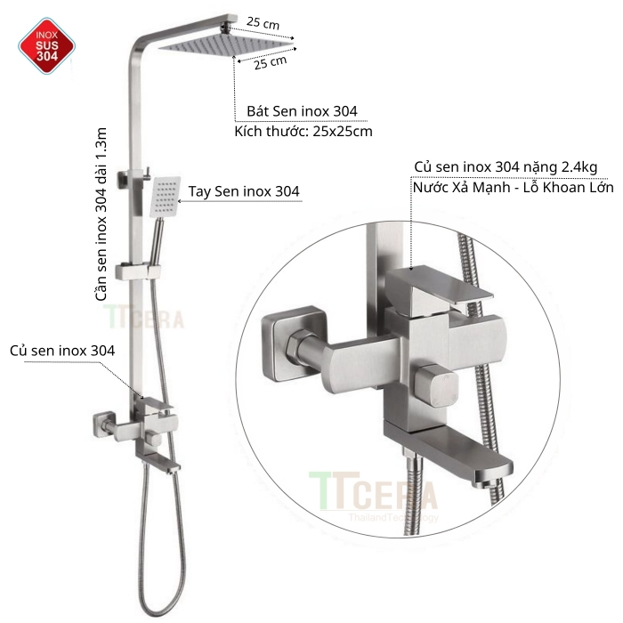 Sen Cây Nóng Lạnh Vuông Inox 304 TTCERA SC123