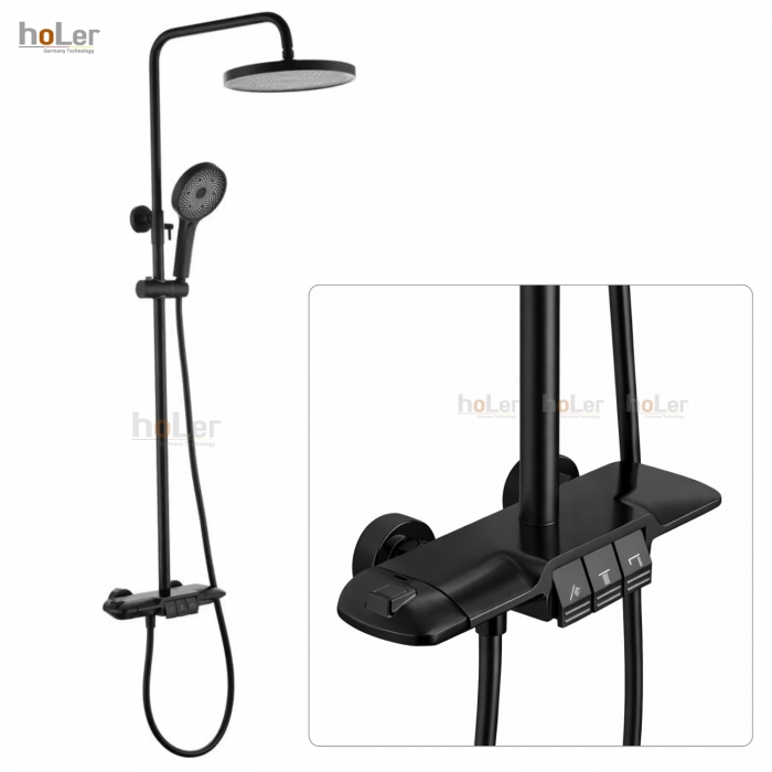 Sen Cây Tắm Đứng Chỉnh Nhiệt Đồng Thau Sơn Tĩnh Điện Đen Holer HL242