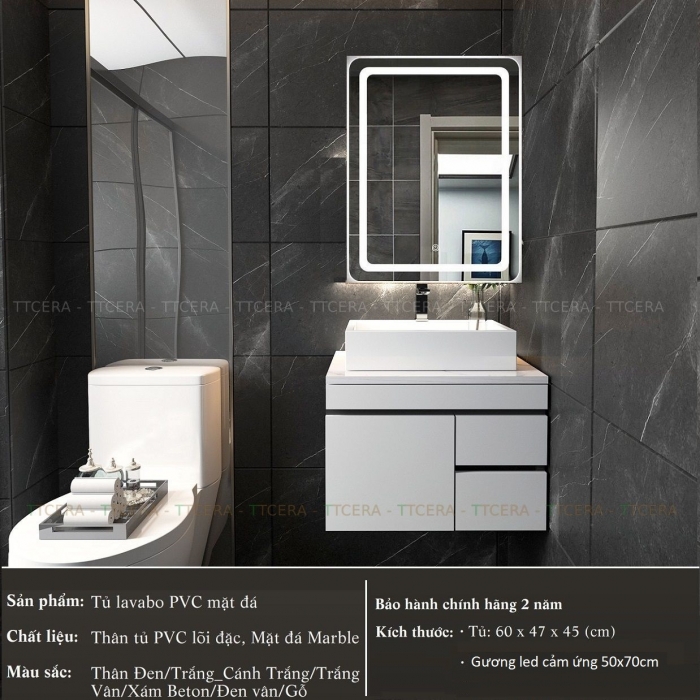 Tủ Lavabo Nhựa Đặc PVC PIMA Gương Led TLVB70-6047B - Trắng