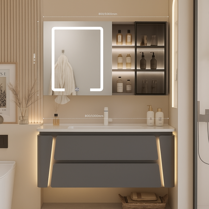 Tủ Lavabo Nhựa Đặc PVC Tủ Gương Led TLVB183  ( Màu Trắng - Xám Nhạt - Vẫn Gỗ Nhạt - Màu Be ) 