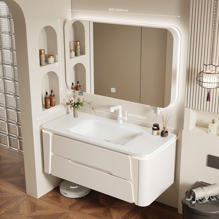 Tủ Lavabo Nhựa Đặc PVC Tủ Gương Led TLVB184  ( Màu Trắng - Xám Nhạt - Vẫn Gỗ Nhạt - Màu Be ) 