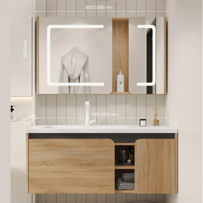 Tủ Lavabo Nhựa Đặc PVC Tủ Gương Led TLVB185  ( Màu Trắng - Xám Nhạt - Vẫn Gỗ Nhạt - Màu Be ) 