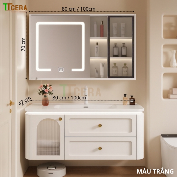 Tủ Lavabo Nhựa Đặc PVC Tủ Gương Led TLVB186  ( Màu Trắng - Màu Xám - Màu Be )