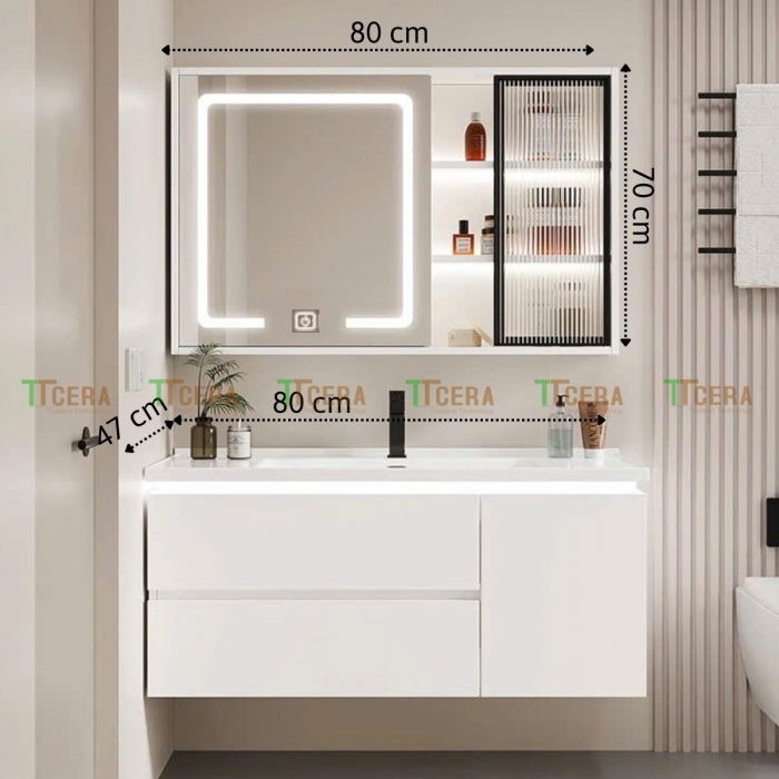 Tủ Lavabo Nhựa Đặc PVC Vân Gỗ Đậm Tủ Gương Led TLVB146