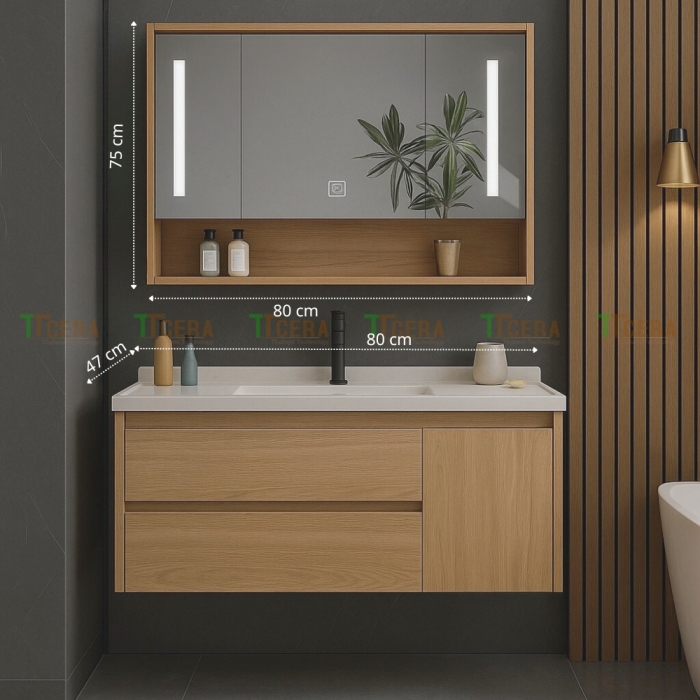 Tủ Lavabo Nhựa Đặc PVC Vân Gỗ Tủ Gương Led TLVB147
