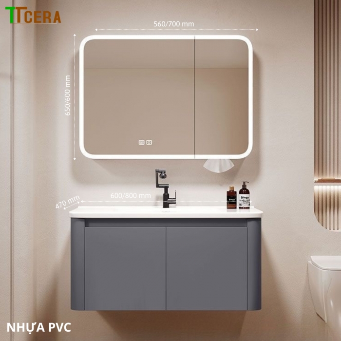 Tủ Lavabo Nhựa PVC Có Led TTCERA TLVB97 (Kích Thước Dài 60cm - 80cm)