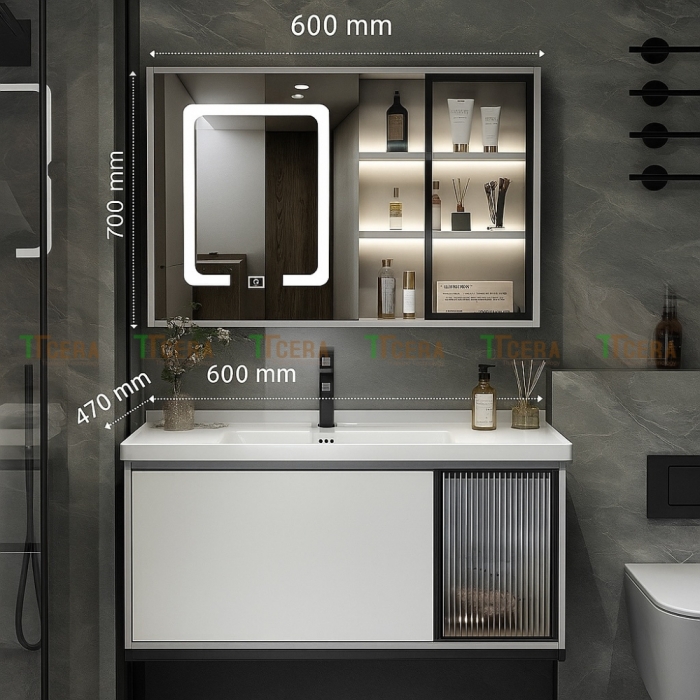 Tủ Lavabo Nhựa PVC Đặc Có Led Màu Trắng TTCERA TLVB110