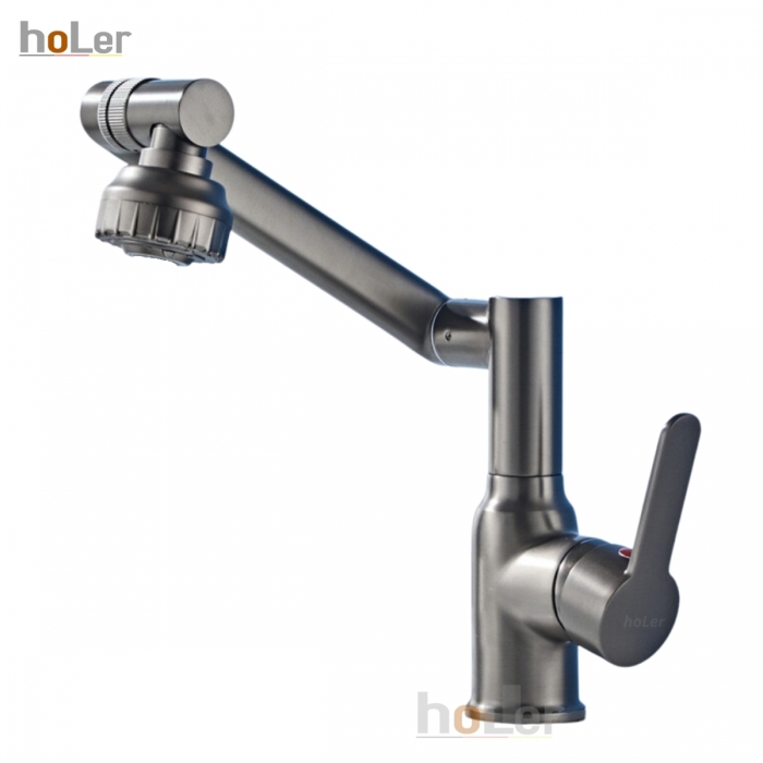 Vòi Lavabo Nóng Lạnh Inox 304 Xoay 720 Độ Holer HL-LB649 ( Màu Xám - Màu inox )
