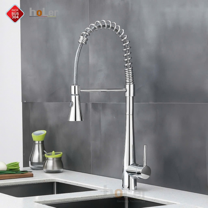 Vòi Rửa Chén Dây Rút Lò So Đồng inox 304 Mạ Crome Holer CHL944