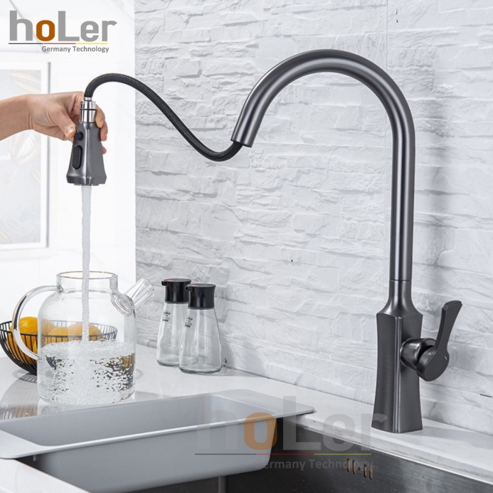 Vòi Rửa Chén Rút Dây Đồng Sơn Tĩnh Điện Màu Xám Holer CHL970