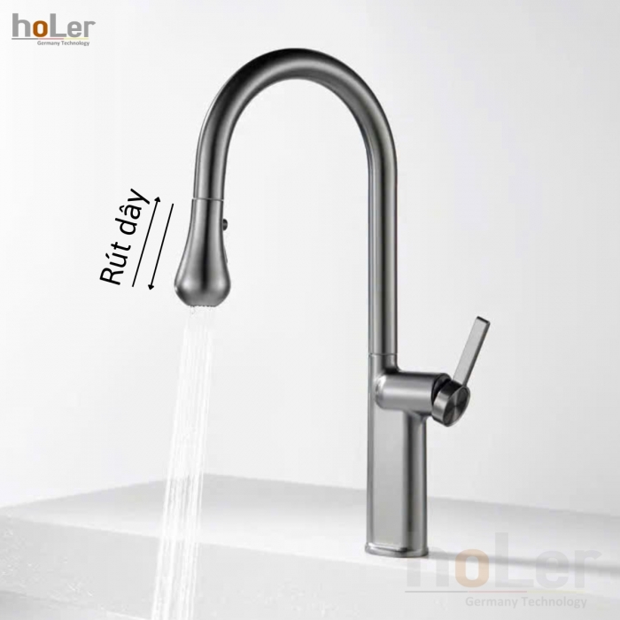 Vòi Rửa Chén Rút Dây Đồng Sơn Tĩnh Điện Màu Xám Holer CHL973