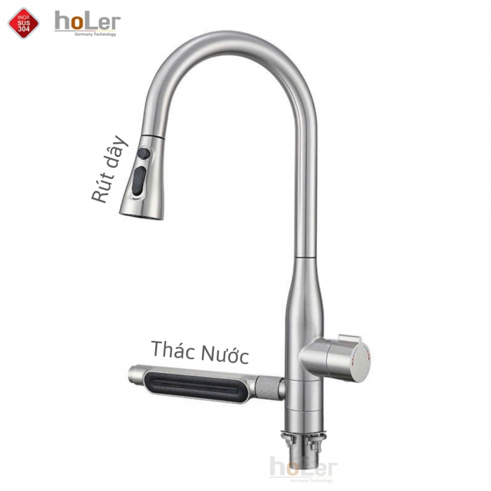 Vòi rửa chén thác nước dây kéo Inox SUS 304 Holer CHL972